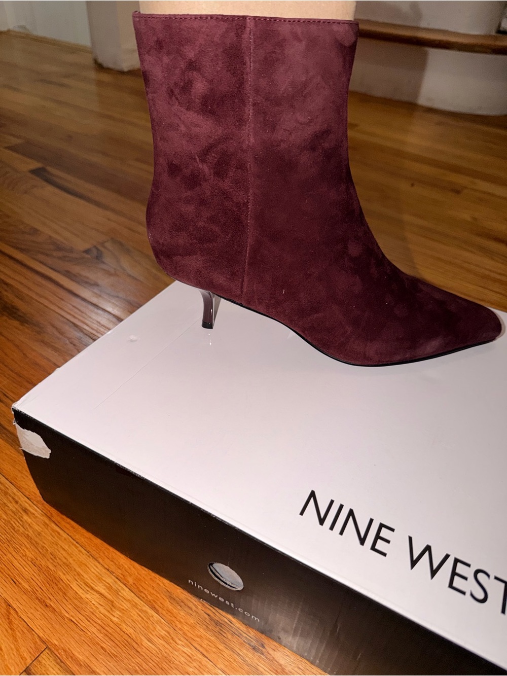 Nine West Burgundy Suede Pointed-Toe Kitten Heel Ankle Boot